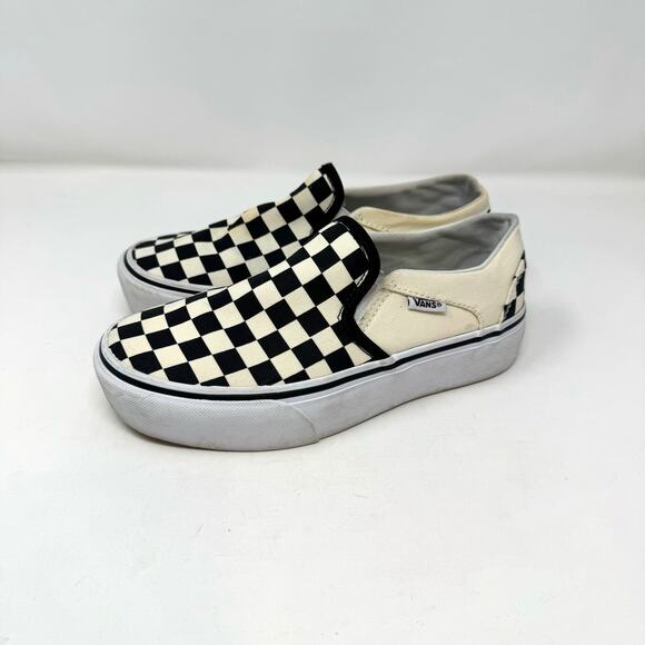 VANS Asher Slip On Platform Sneaker Shoes Womens 6 Checkerboard Black Cream - Picture 1 of 13